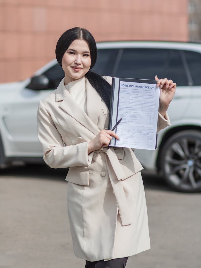 Services-01 Smiling woman in beige blazer holding a home insurance policy document in outdoor setting.